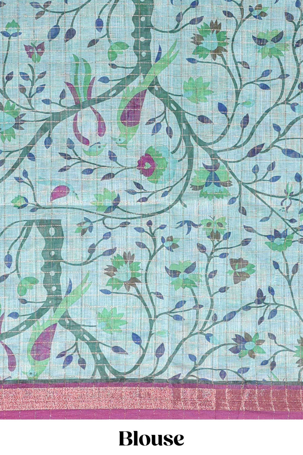 Green checked birds & floral design chanderi cotton saree with contrast border and printed blouse