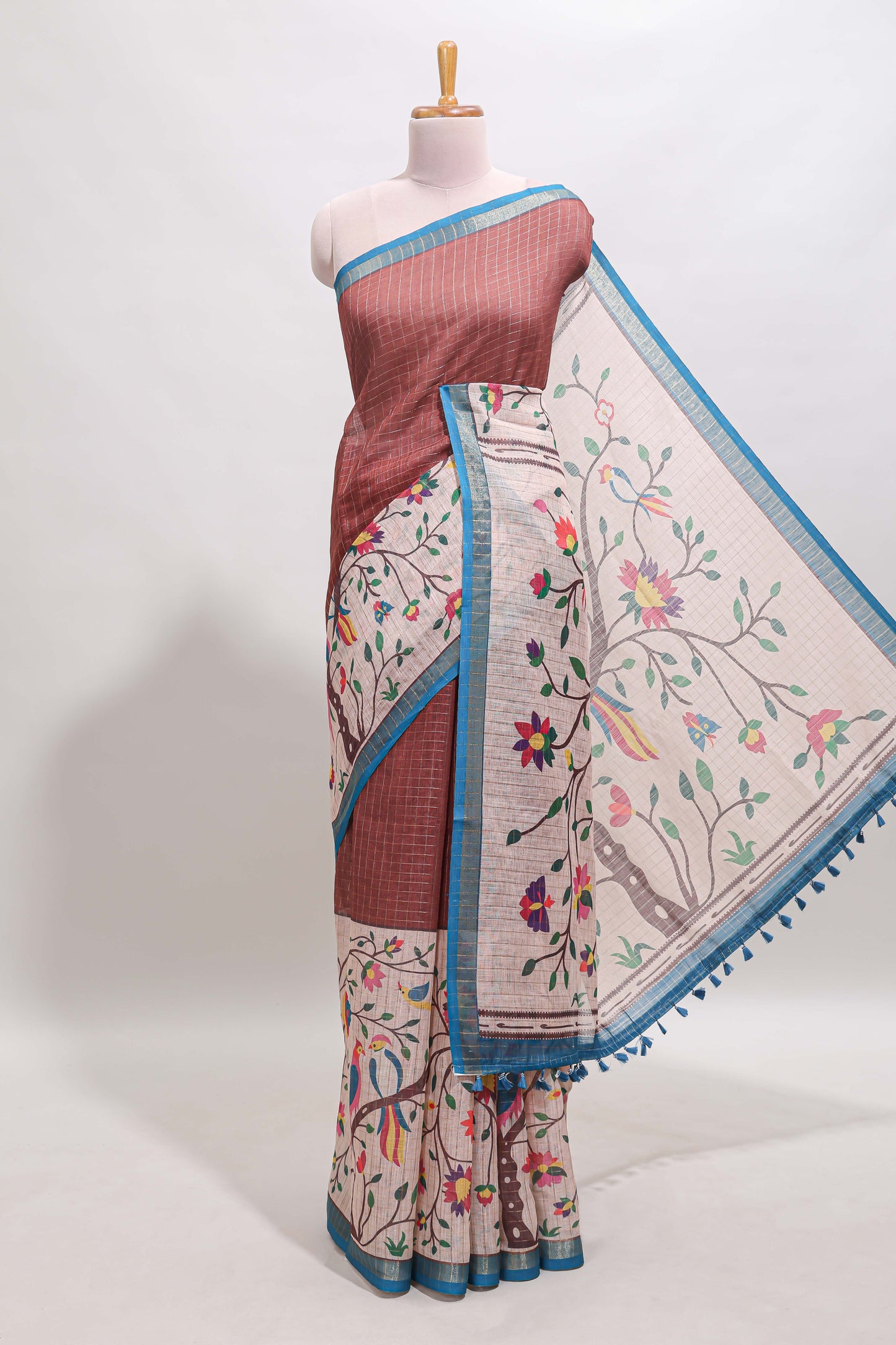 Brick red checked birds & floral design chanderi cotton saree with contrast border and printed blouse