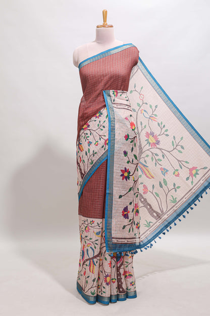 Brick red checked birds & floral design chanderi cotton saree with contrast border and printed blouse