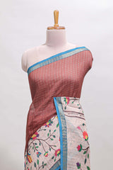 Brick red checked birds & floral design chanderi cotton saree with contrast border and printed blouse