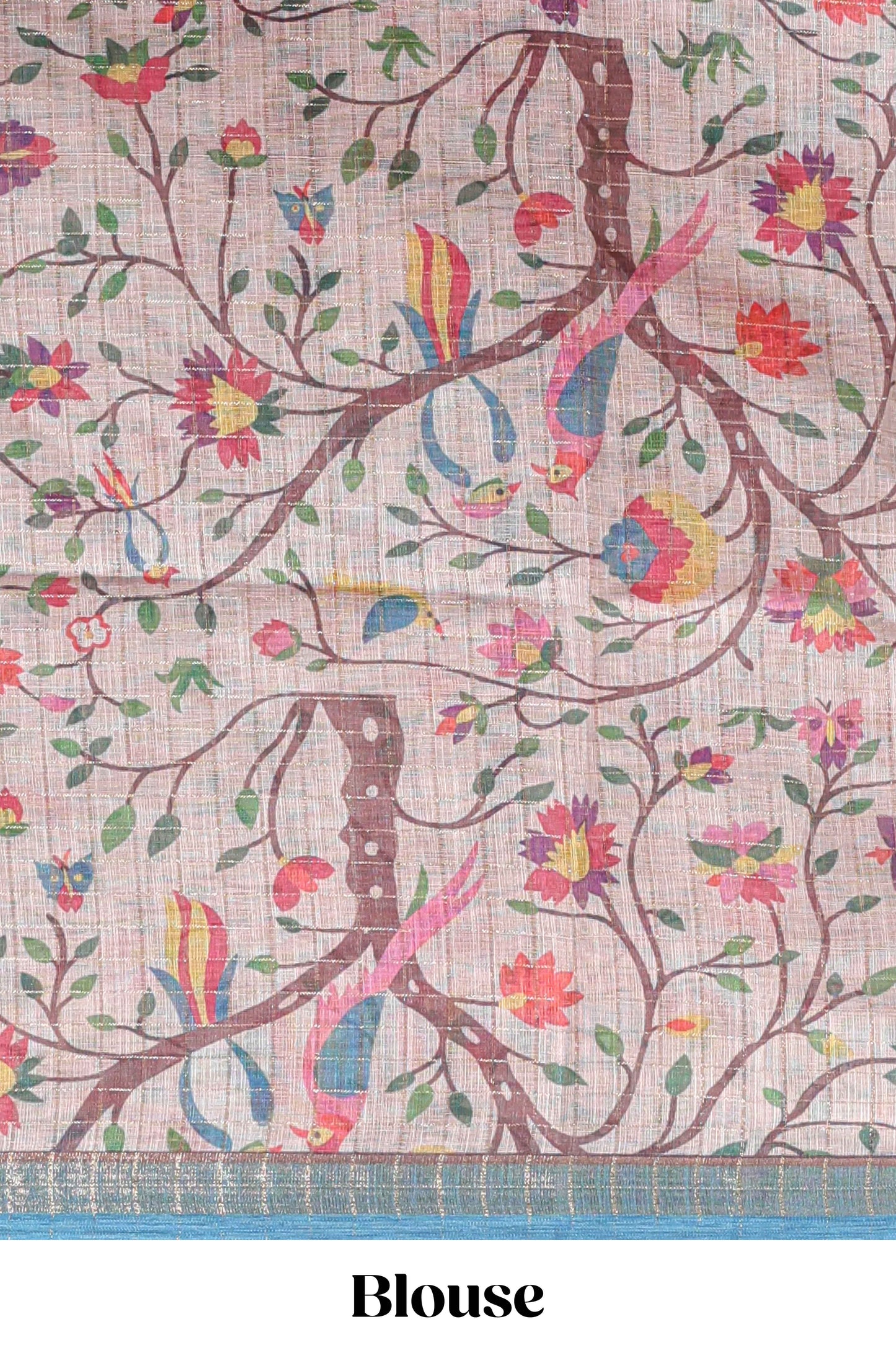 Brick red checked birds & floral design chanderi cotton saree with contrast border and printed blouse
