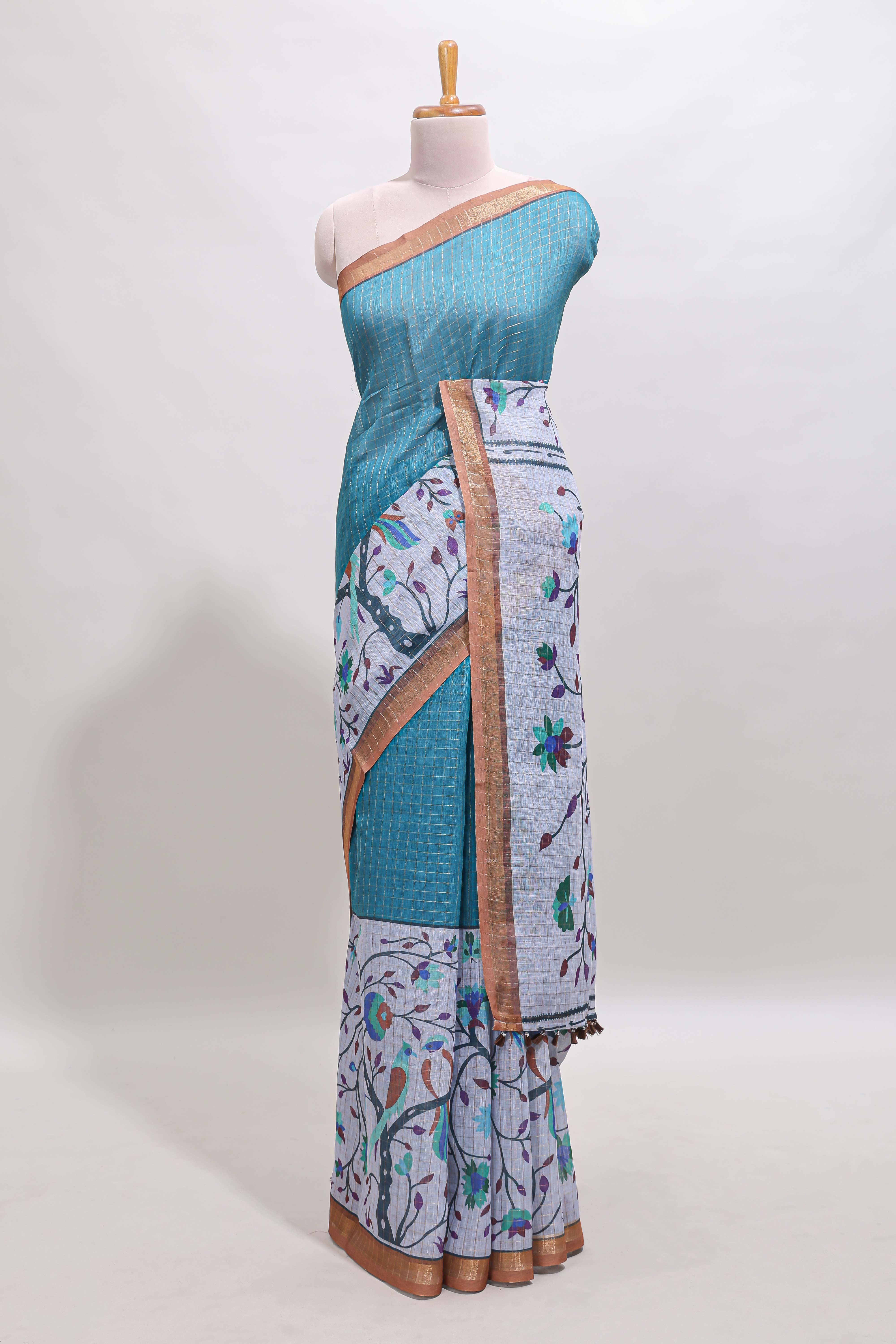 Blue checked birds & floral design chanderi cotton saree with contrast border and printed blouse