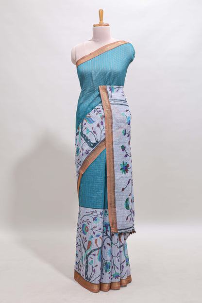 Blue checked birds & floral design chanderi cotton saree with contrast border and printed blouse