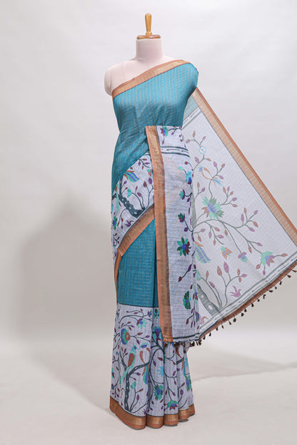 Blue checked birds & floral design chanderi cotton saree with contrast border and printed blouse