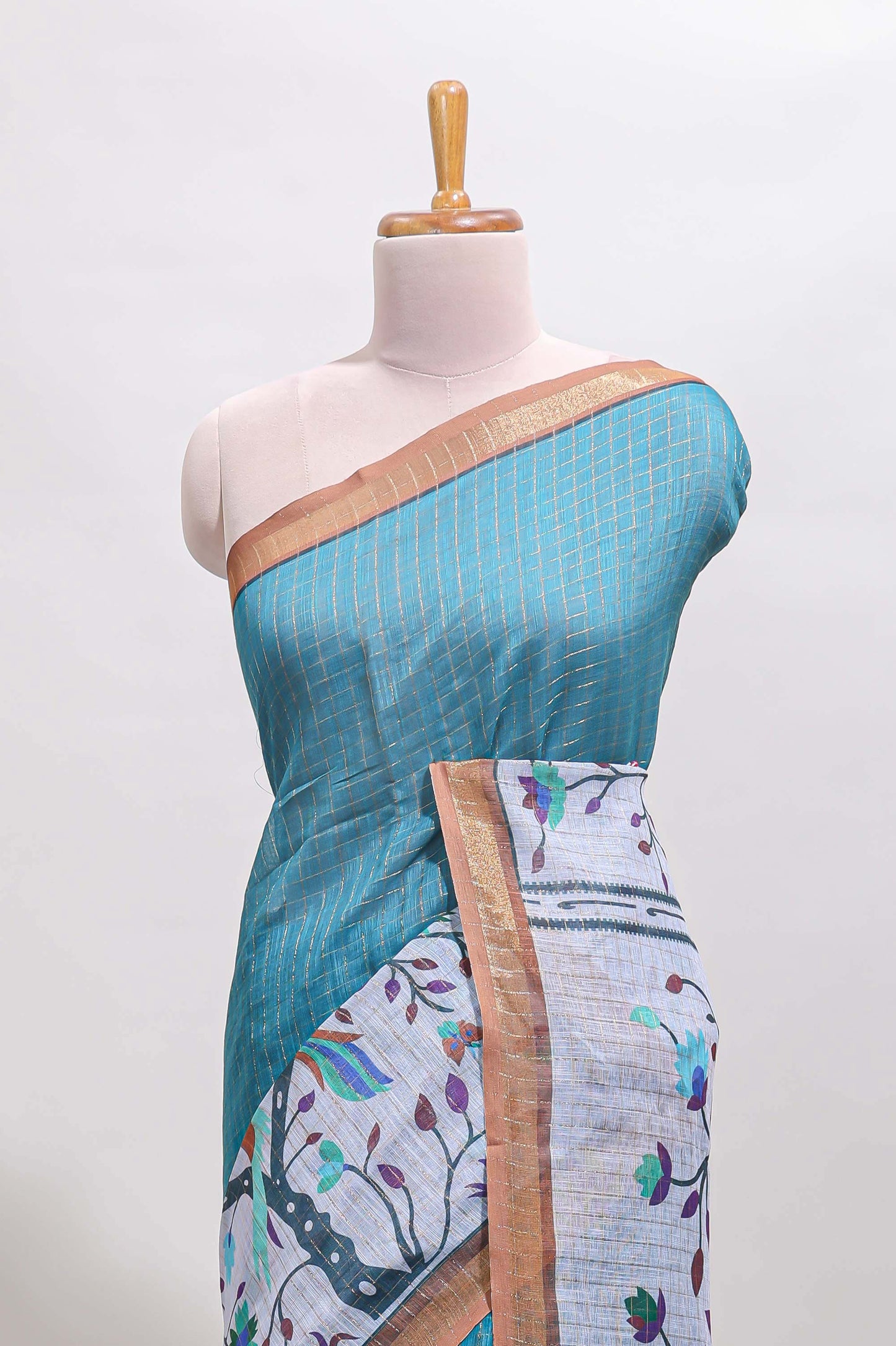 Blue checked birds & floral design chanderi cotton saree with contrast border and printed blouse