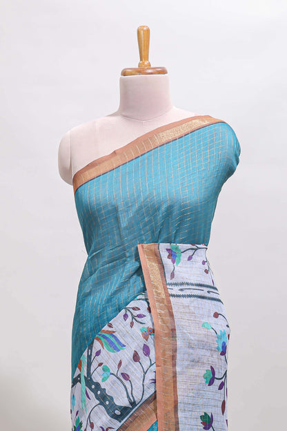 Blue checked birds & floral design chanderi cotton saree with contrast border and printed blouse