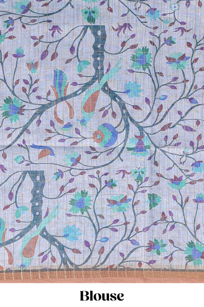 Blue checked birds & floral design chanderi cotton saree with contrast border and printed blouse