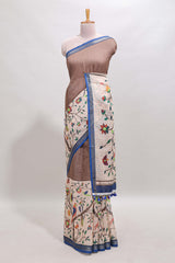 Brown checked birds & floral design chanderi cotton saree with contrast border and printed blouse