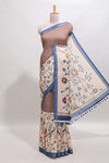 Brown checked birds & floral design chanderi cotton saree with contrast border and printed blouse