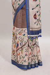 Brown checked birds & floral design chanderi cotton saree with contrast border and printed blouse