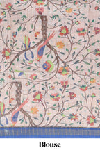 Brown checked birds & floral design chanderi cotton saree with contrast border and printed blouse