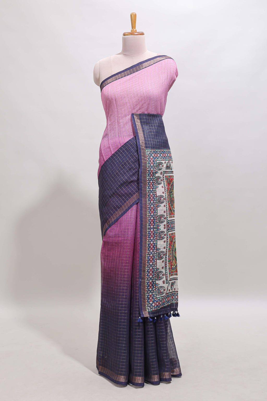 Pink & dark blue dual shade checked chanderi cotton saree with self zari border and printed pallu