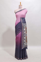 Pink & dark blue dual shade checked chanderi cotton saree with self zari border and printed pallu