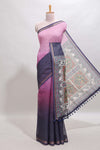Pink & dark blue dual shade checked chanderi cotton saree with self zari border and printed pallu