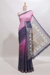 Pink & dark blue dual shade checked chanderi cotton saree with self zari border and printed pallu