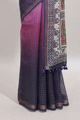 Pink & dark blue dual shade checked chanderi cotton saree with self zari border and printed pallu