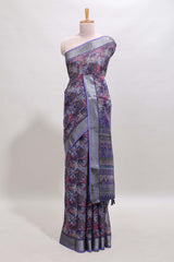Lavender floral design chanderi cotton saree with contrast zari border and matching blouse