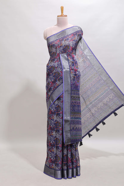 Lavender floral design chanderi cotton saree with contrast zari border and matching blouse