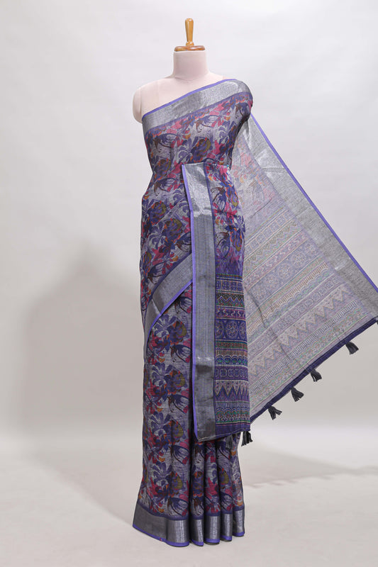 Lavender floral design chanderi cotton saree with contrast zari border and matching blouse