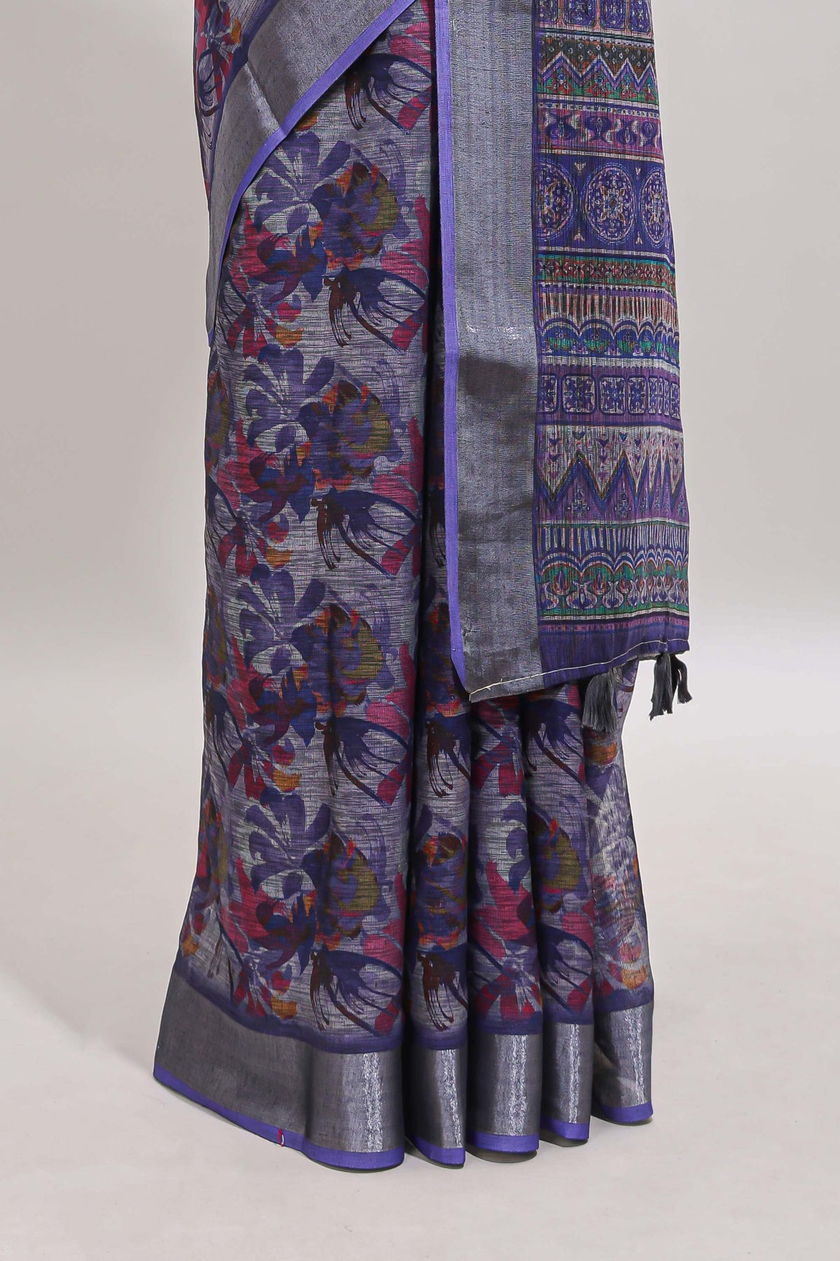 Lavender floral design chanderi cotton saree with contrast zari border and matching blouse