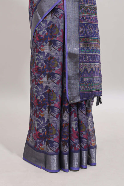 Lavender floral design chanderi cotton saree with contrast zari border and matching blouse