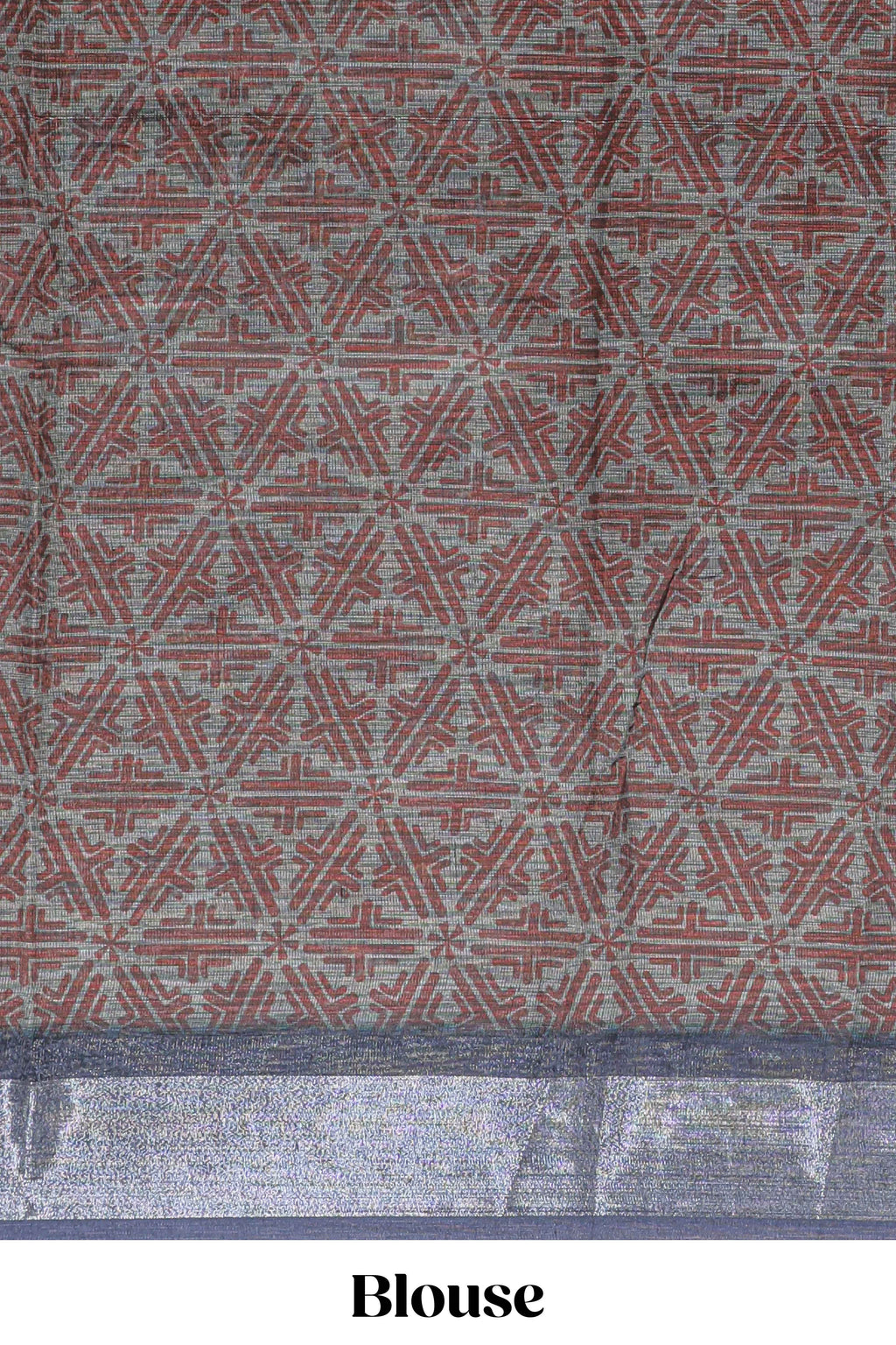 Dark sea green geometric design chanderi cotton saree with contrast zari border and printed blouse