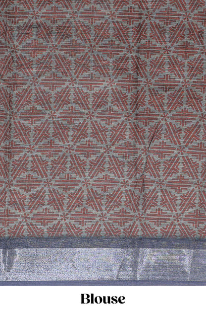 Dark sea green geometric design chanderi cotton saree with contrast zari border and printed blouse