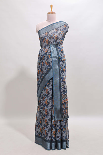 Grey geometric design chanderi cotton saree with contrast zari border and printed blouse
