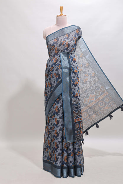 Grey geometric design chanderi cotton saree with contrast zari border and printed blouse