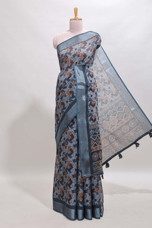 Grey geometric design chanderi cotton saree with contrast zari border and printed blouse