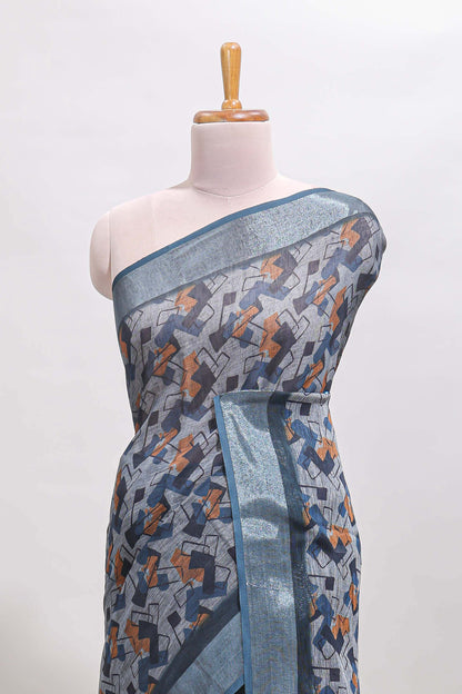 Grey geometric design chanderi cotton saree with contrast zari border and printed blouse