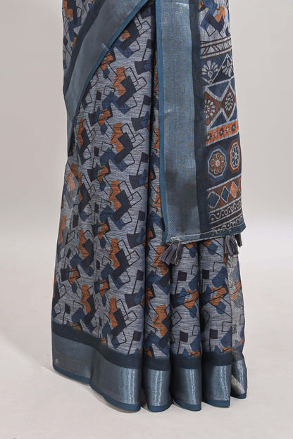 Grey geometric design chanderi cotton saree with contrast zari border and printed blouse