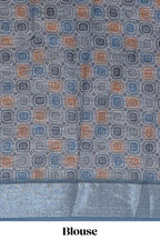 Grey geometric design chanderi cotton saree with contrast zari border and printed blouse