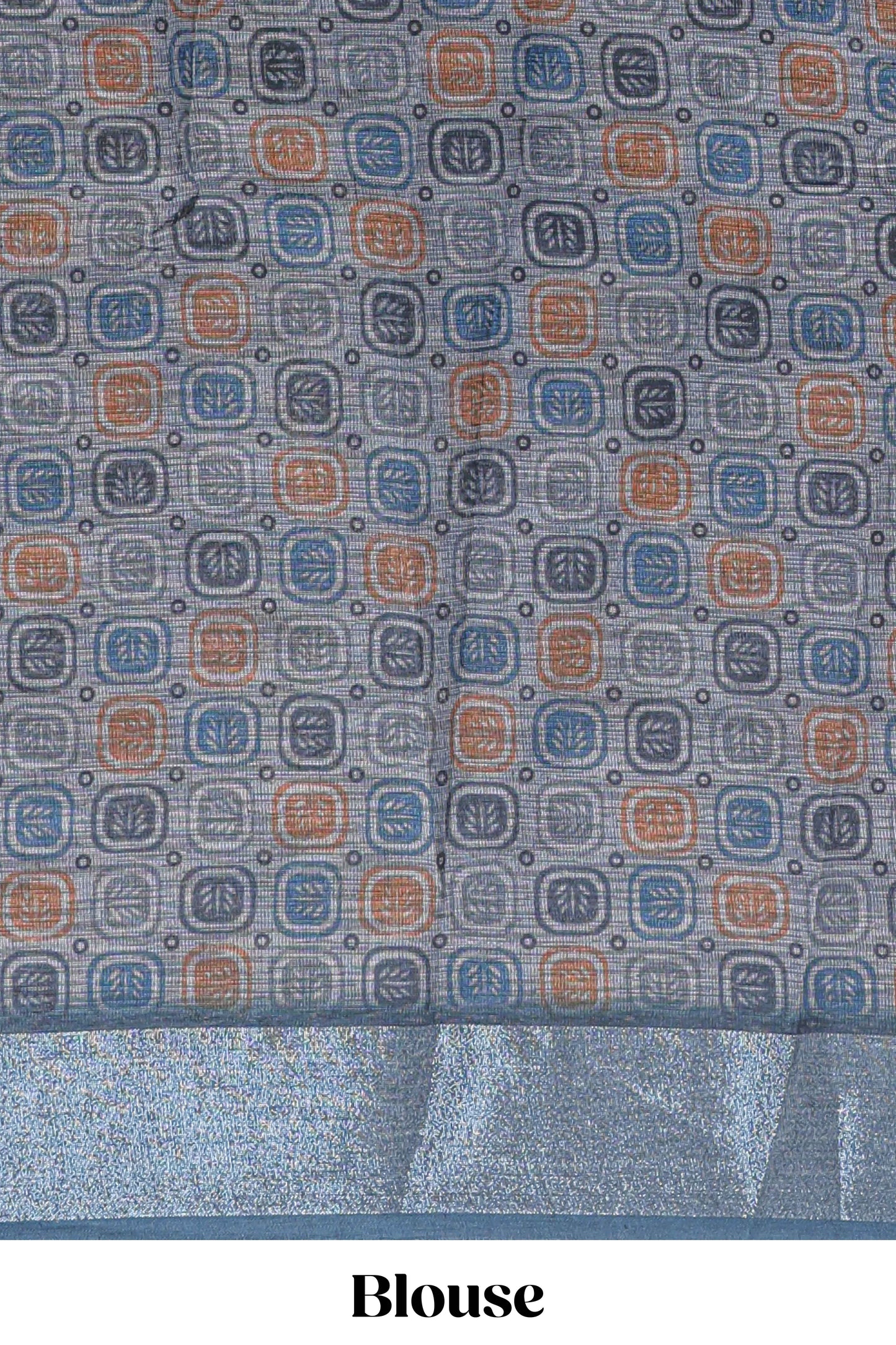 Grey geometric design chanderi cotton saree with contrast zari border and printed blouse