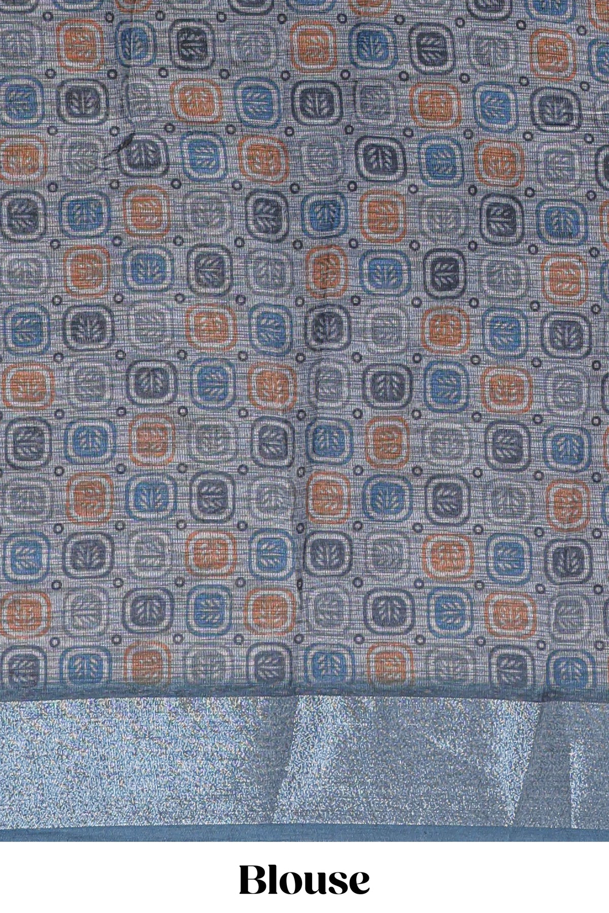 Grey geometric design chanderi cotton saree with contrast zari border and printed blouse