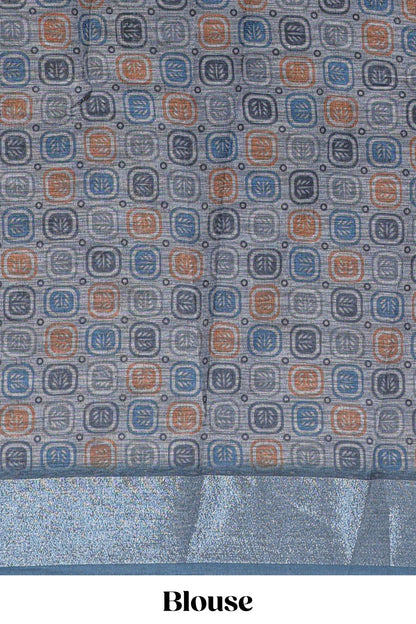 Grey geometric design chanderi cotton saree with contrast zari border and printed blouse