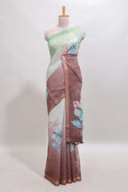 Green & brown dual shade floral design chanderi cotton saree with self zari border and printed blouse