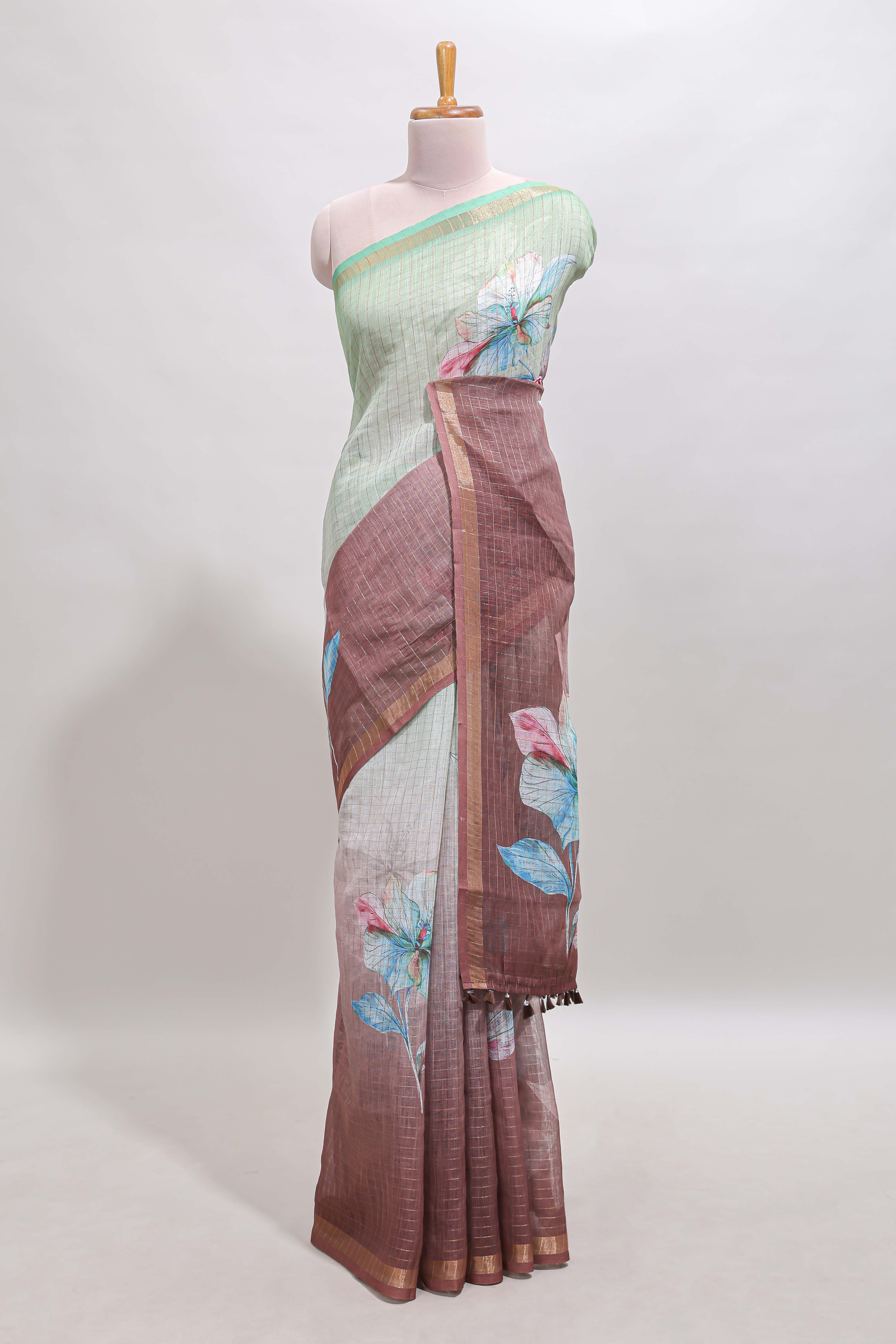 Green & brown dual shade floral design chanderi cotton saree with self zari border and printed blouse