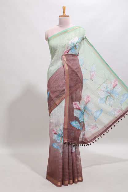 Green & brown dual shade floral design chanderi cotton saree with self zari border and printed blouse