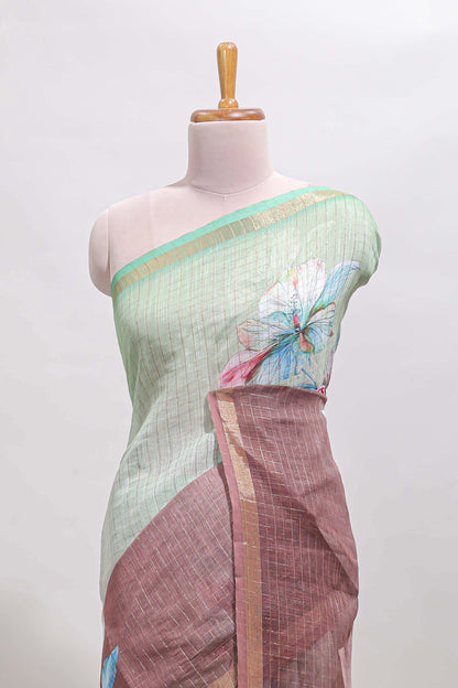Green & brown dual shade floral design chanderi cotton saree with self zari border and printed blouse