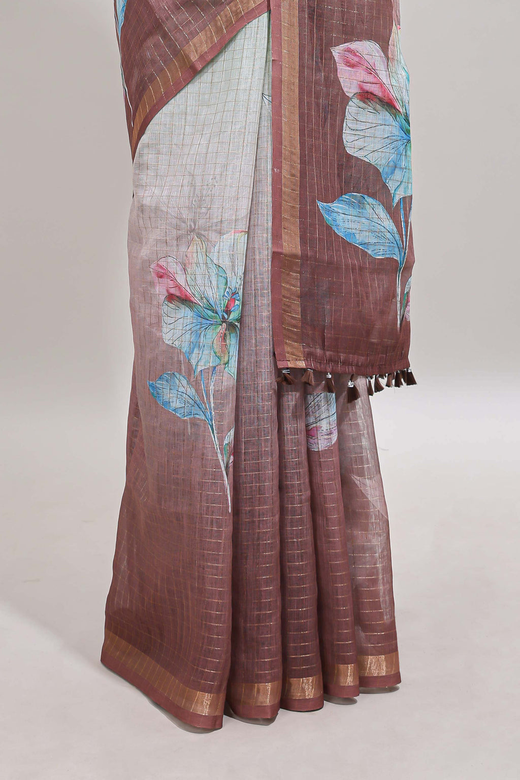 Green & brown dual shade floral design chanderi cotton saree with self zari border and printed blouse