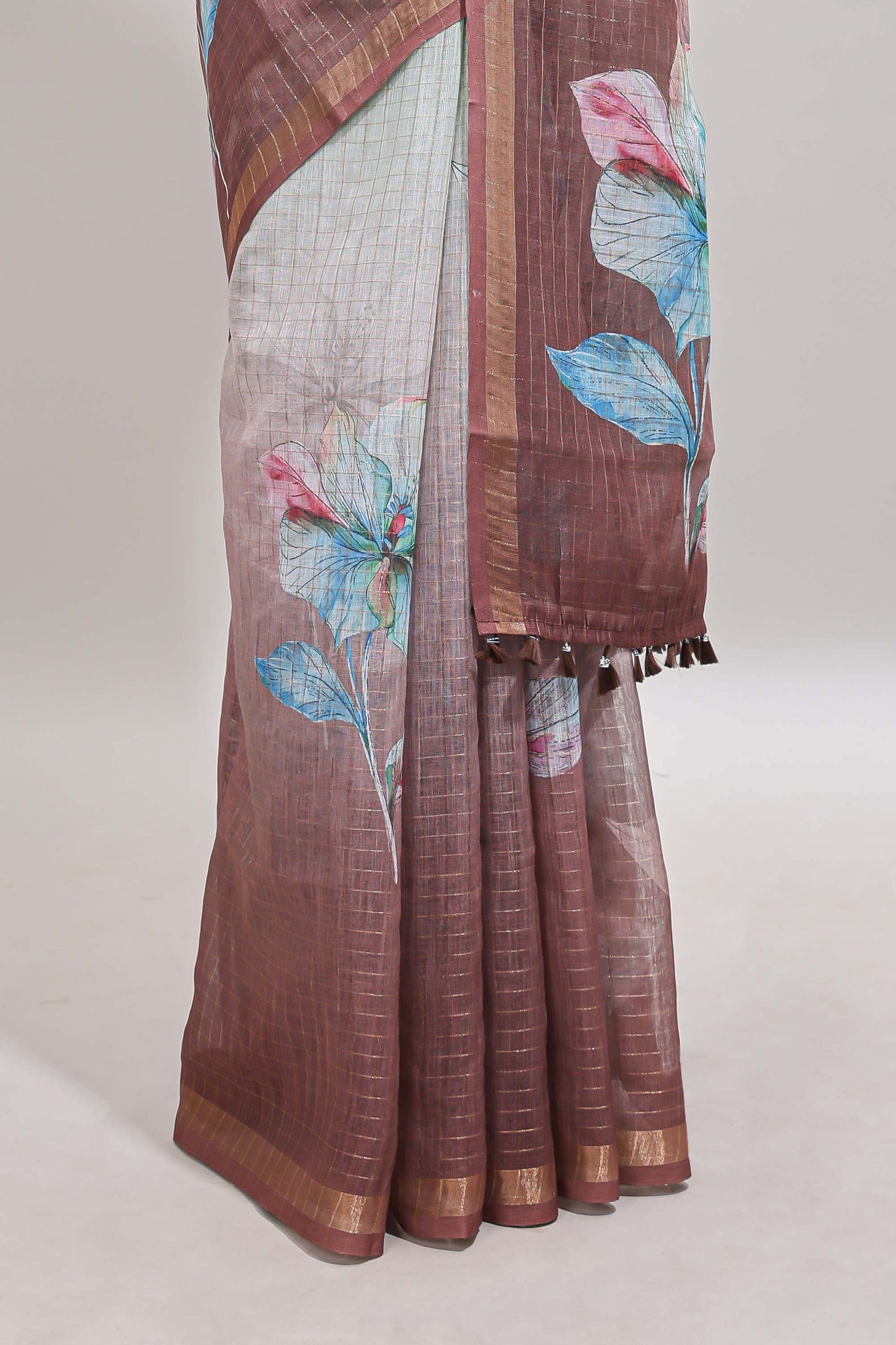 Green & brown dual shade floral design chanderi cotton saree with self zari border and printed blouse