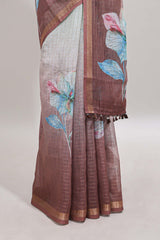 Green & brown dual shade floral design chanderi cotton saree with self zari border and printed blouse