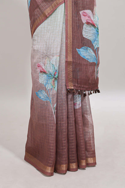 Green & brown dual shade floral design chanderi cotton saree with self zari border and printed blouse