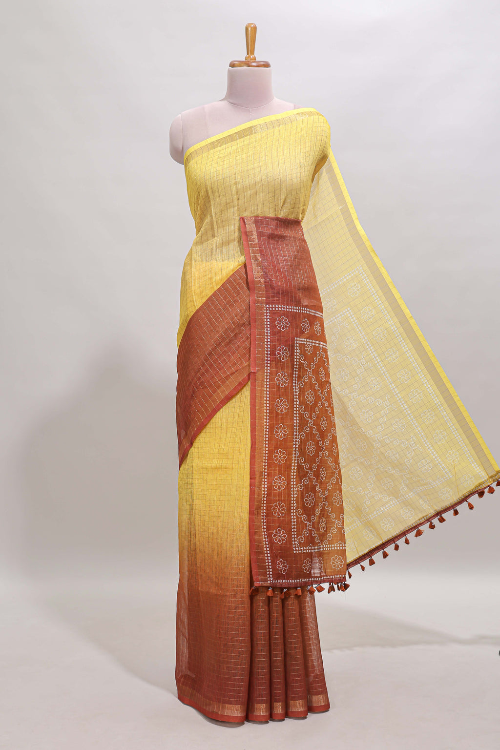 Yellow & brown dual shade checked chanderi cotton saree with self zari border and blouse