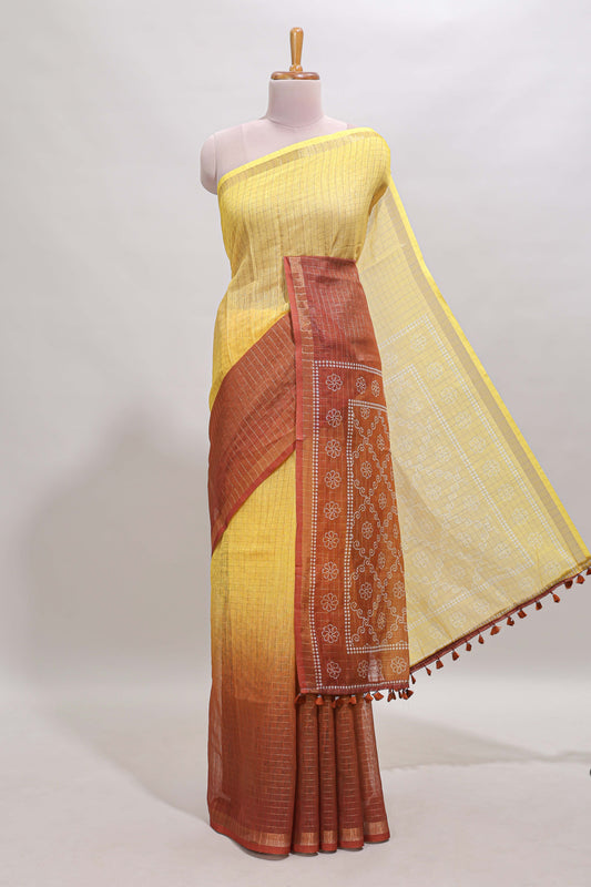 Yellow & brown dual shade checked chanderi cotton saree with self zari border and blouse