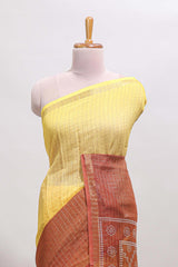 Yellow & brown dual shade checked chanderi cotton saree with self zari border and blouse