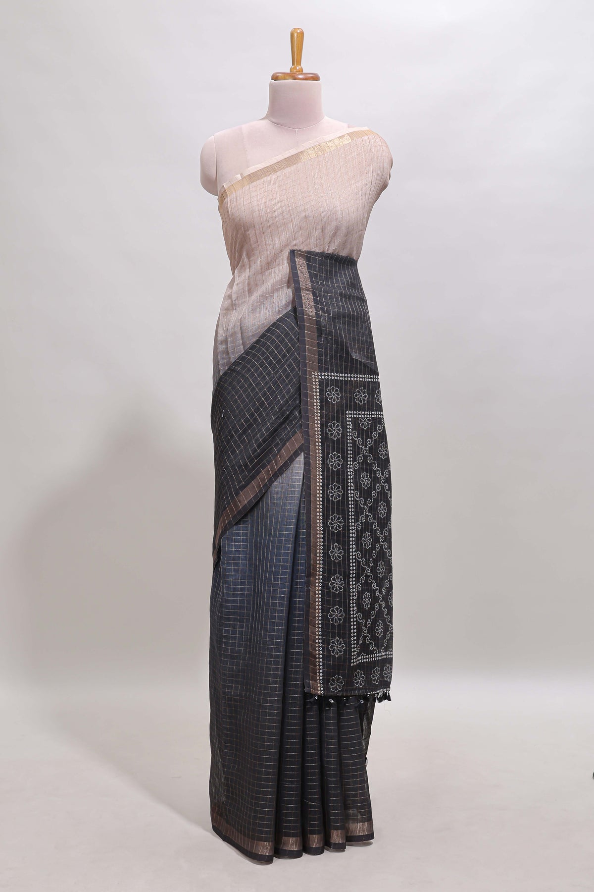 Cream & black dual shade checked chanderi cotton saree with self zari border and blouse
