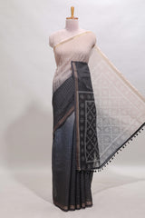 Cream & black dual shade checked chanderi cotton saree with self zari border and blouse