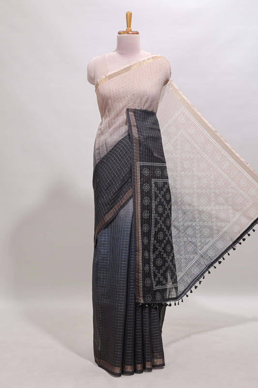 Cream & black dual shade checked chanderi cotton saree with self zari border and blouse